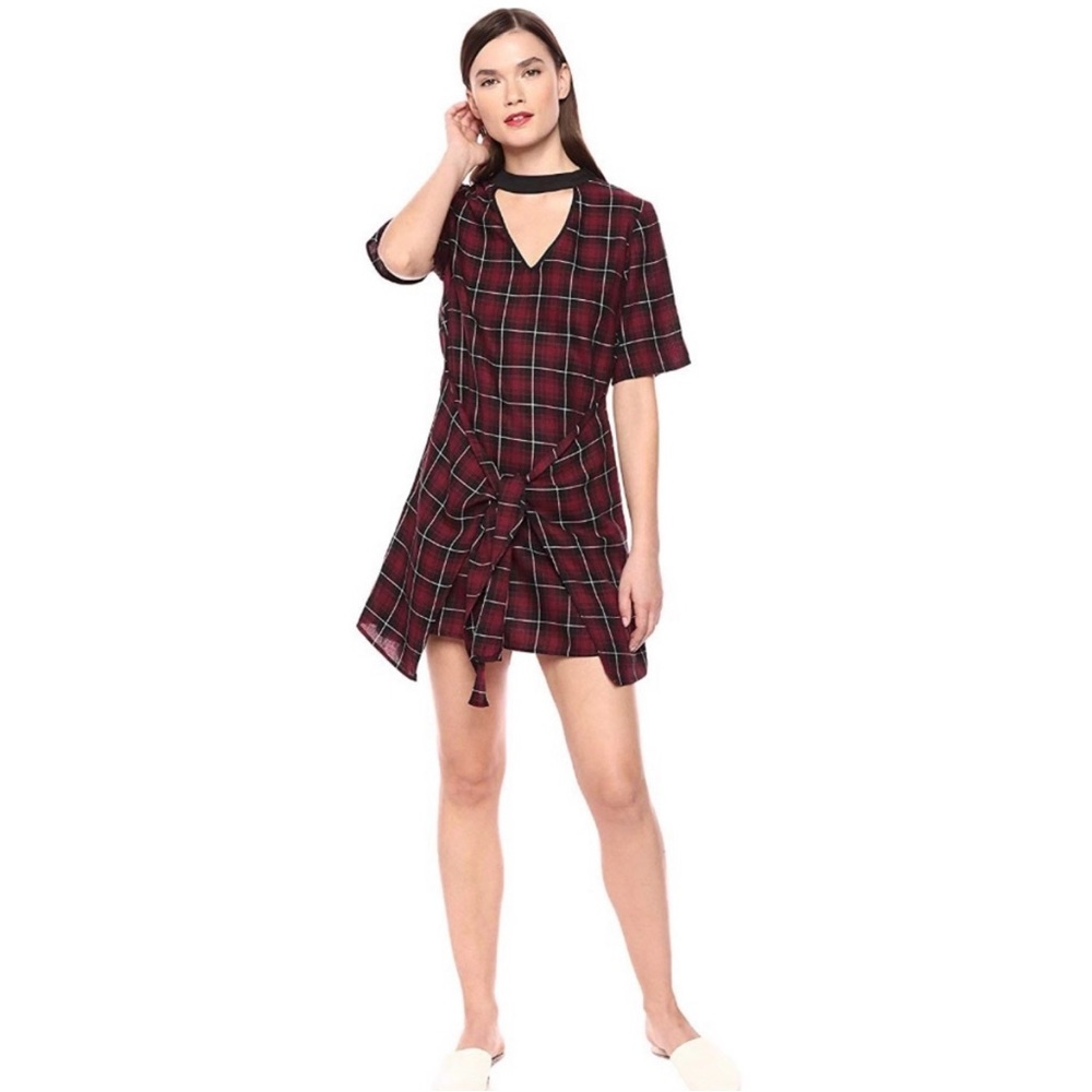 BCBGeneration Cut Out V-Neck Dark Plaid Tie Front Mini Dress - Picture 2 of 16